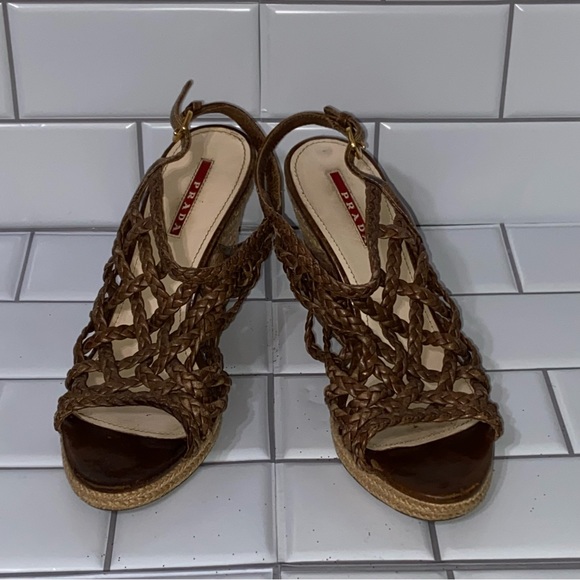 PRADA Sandals Wedge Platform Brown Leather Ankle-Strap Woven Women’s Size 37 7 - Picture 2 of 9